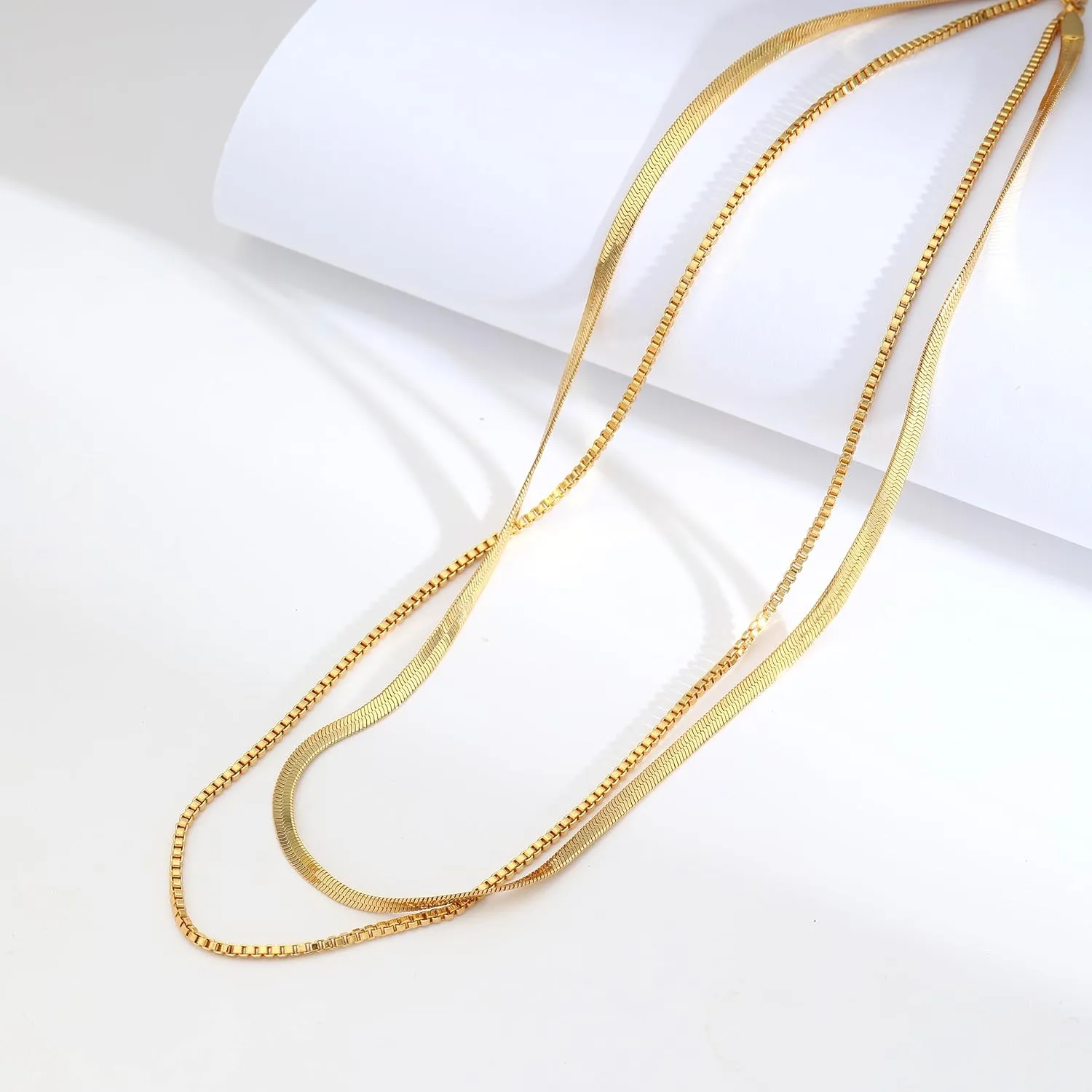 Dainty Choker Necklace for Women, 14K Gold Plated Layered Satellite Bead Choker Thin Trendy Layering Herringbone Necklaces Minimalist Simple Snake Chain Jewelry Gift