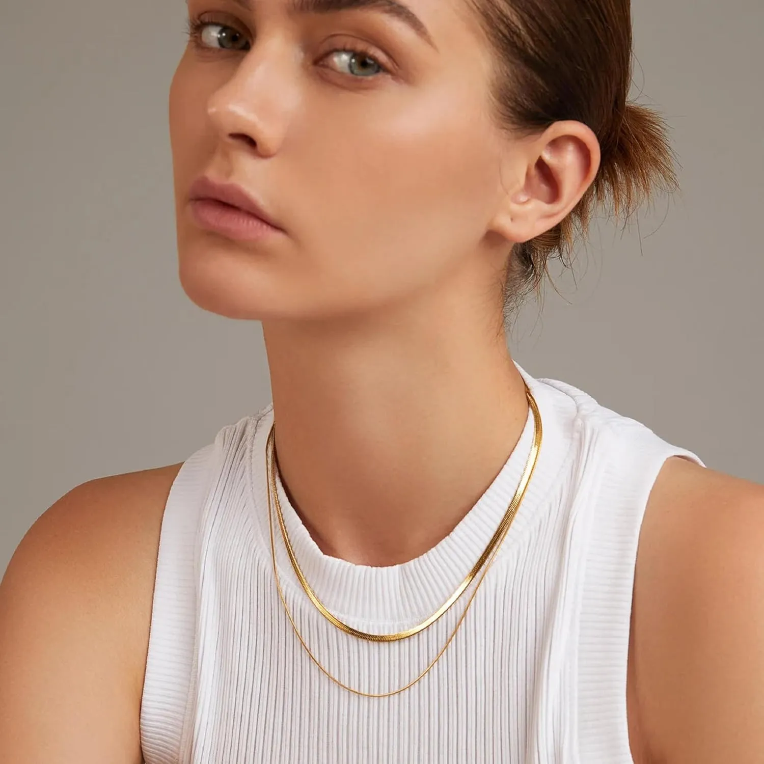 Dainty Choker Necklace for Women, 14K Gold Plated Layered Satellite Bead Choker Thin Trendy Layering Herringbone Necklaces Minimalist Simple Snake Chain Jewelry Gift