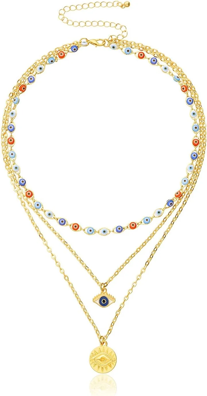 Dainty Layered Evil Eye Necklace Handmade 14K Gold Plated Turkish Blue Eye Pendant Necklace Multilayered Bar Disc Necklace Adjustable Layering Choker Necklaces for Women Girls
