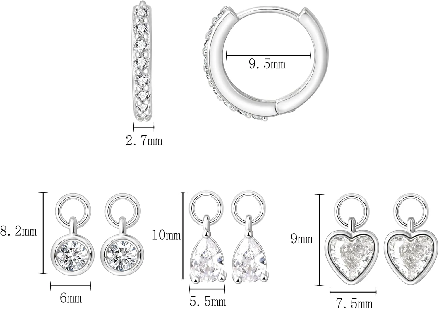 Dangle Huggie Hoop Earrings 3 Interchangeable CZ Pendants Set Teardrop Heart Round 2 Triple Marquise Star Lightning Charms Mix and Match Stackable Jewelry