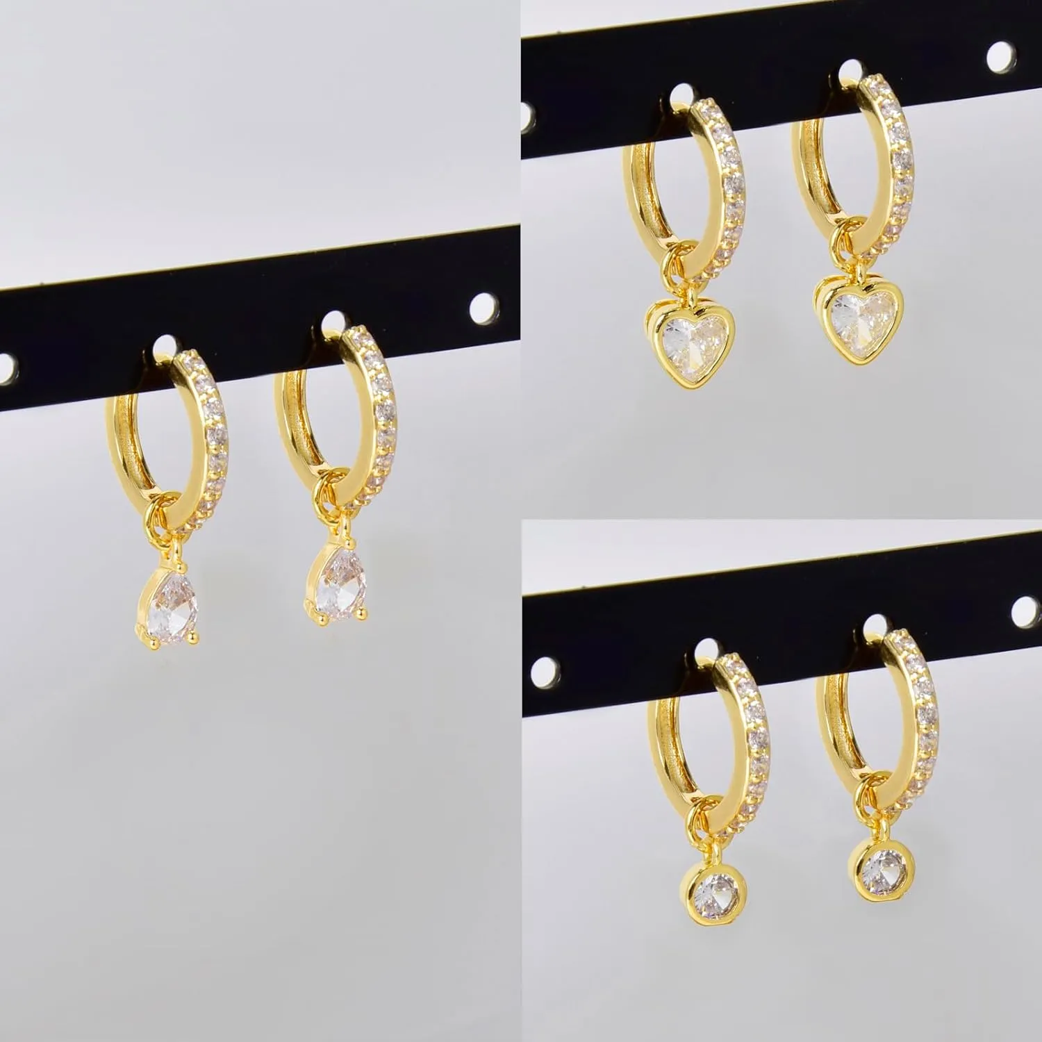 Dangle Huggie Hoop Earrings 3 Interchangeable CZ Pendants Set Teardrop Heart Round 2 Triple Marquise Star Lightning Charms Mix and Match Stackable Jewelry