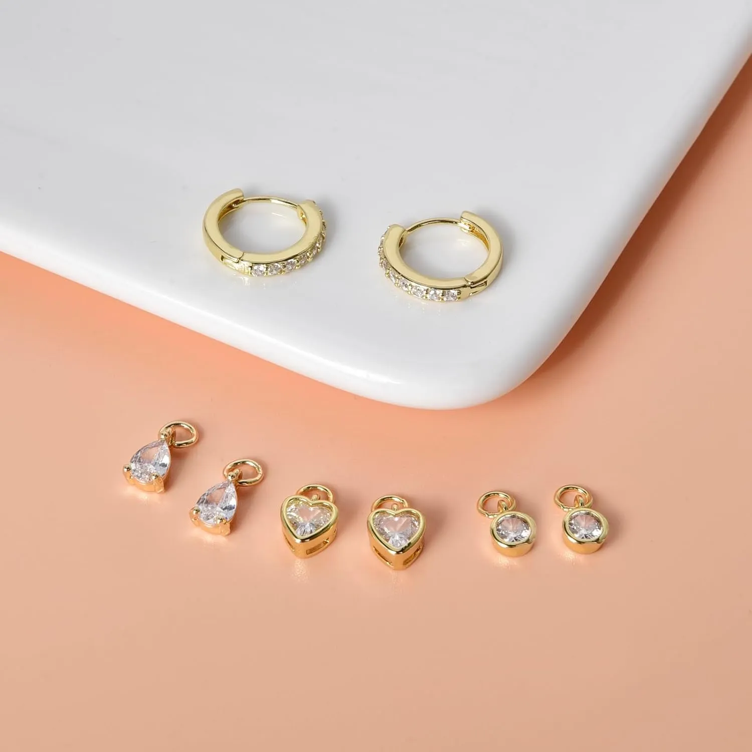 Dangle Huggie Hoop Earrings 3 Interchangeable CZ Pendants Set Teardrop Heart Round 2 Triple Marquise Star Lightning Charms Mix and Match Stackable Jewelry