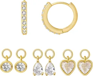 Dangle Huggie Hoop Earrings 3 Interchangeable CZ Pendants Set Teardrop Heart Round 2 Triple Marquise Star Lightning Charms Mix and Match Stackable Jewelry
