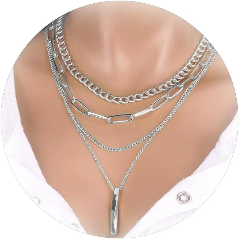 Dcfywl731 Bar Necklaces for Women Layered Choker Necklaces Chunky Gold Paperclip Chain Necklace