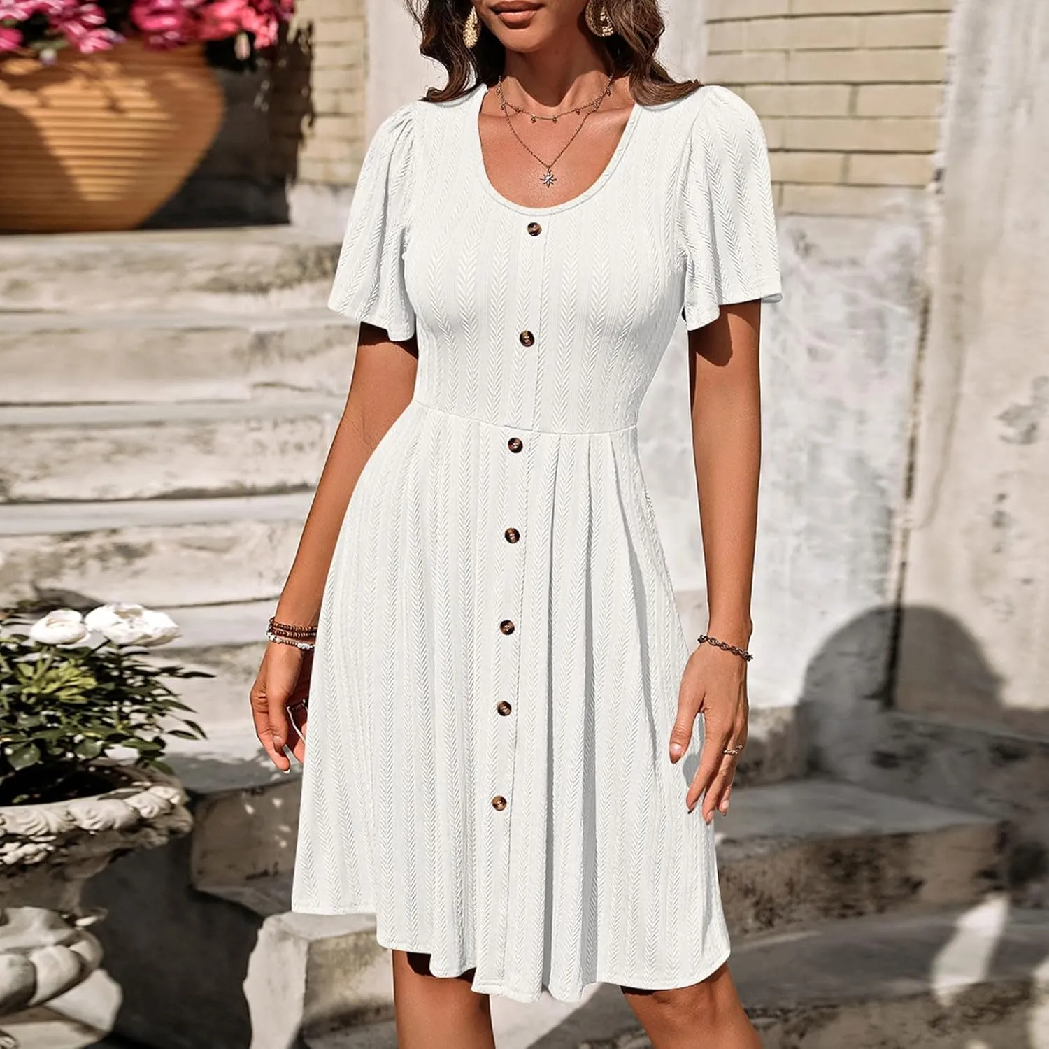 Dresses for Teens Floral Summer Dress Ruffle Sleeve Crewneck Flowy Swing Mini Dresses with Pockets