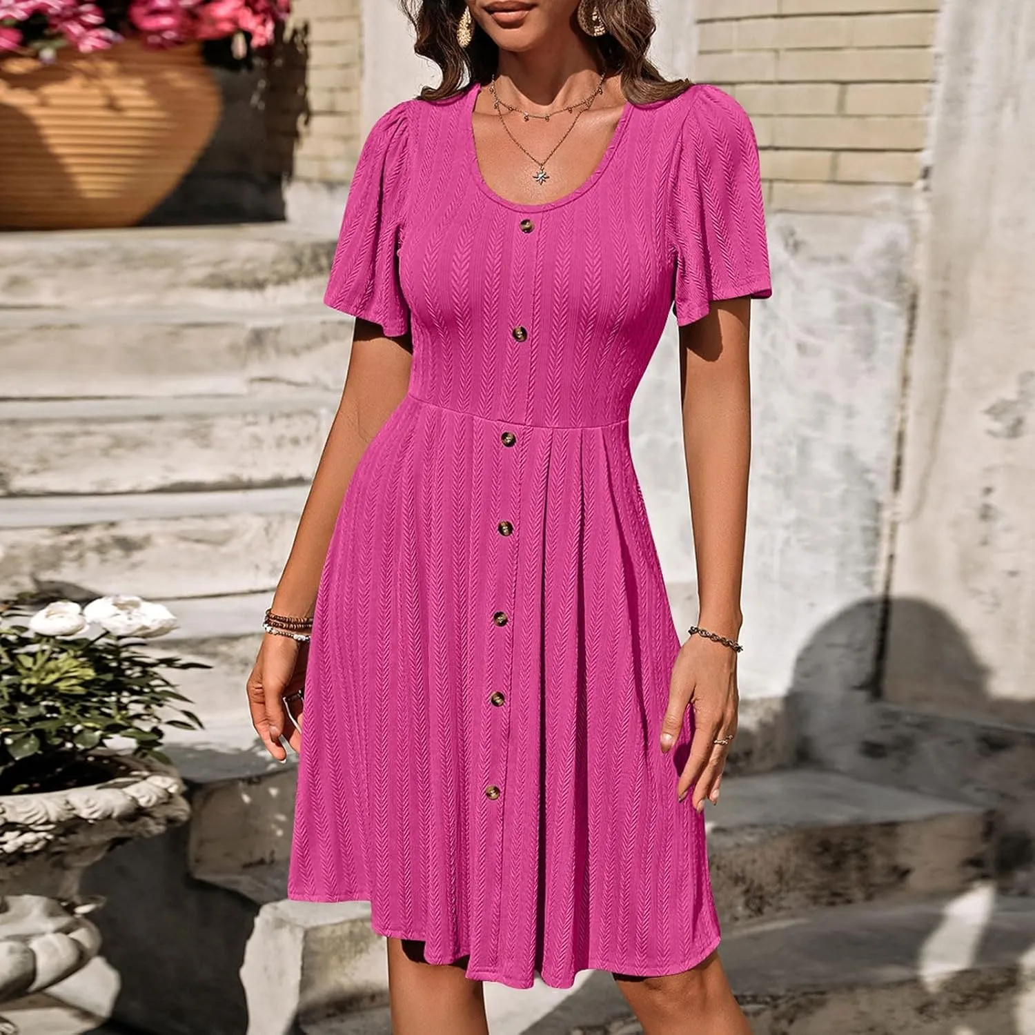 Dresses for Teens Floral Summer Dress Ruffle Sleeve Crewneck Flowy Swing Mini Dresses with Pockets