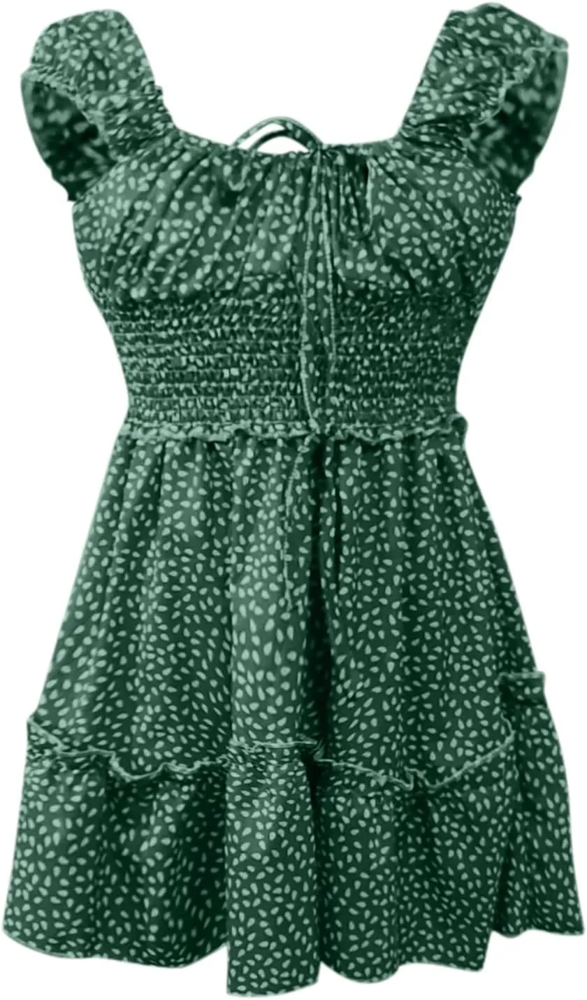 Dresses for Women trendy Pleated Sleeve Women's Sexy Summer Short Neckline Print Dress Mini Dress Ladies Sundress Beach