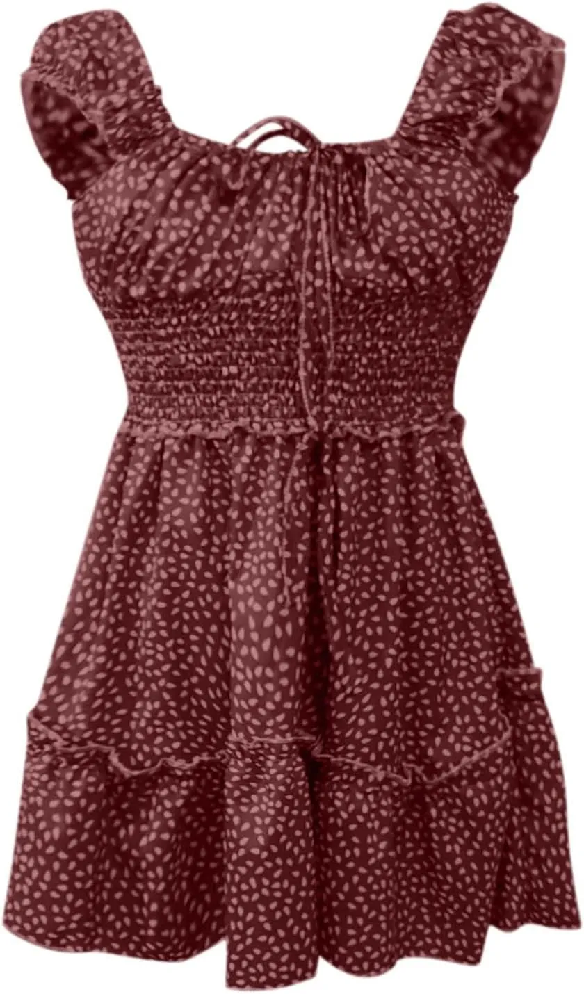 Dresses for Women trendy Pleated Sleeve Women's Sexy Summer Short Neckline Print Dress Mini Dress Ladies Sundress Beach