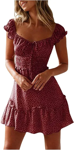 Dresses for Women trendy Pleated Sleeve Women's Sexy Summer Short Neckline Print Dress Mini Dress Ladies Sundress Beach
