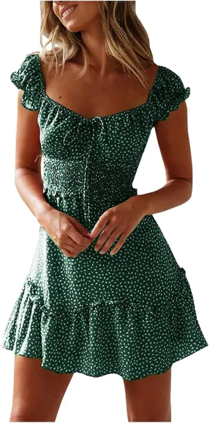 Dresses for Women trendy Pleated Sleeve Women's Sexy Summer Short Neckline Print Dress Mini Dress Ladies Sundress Beach