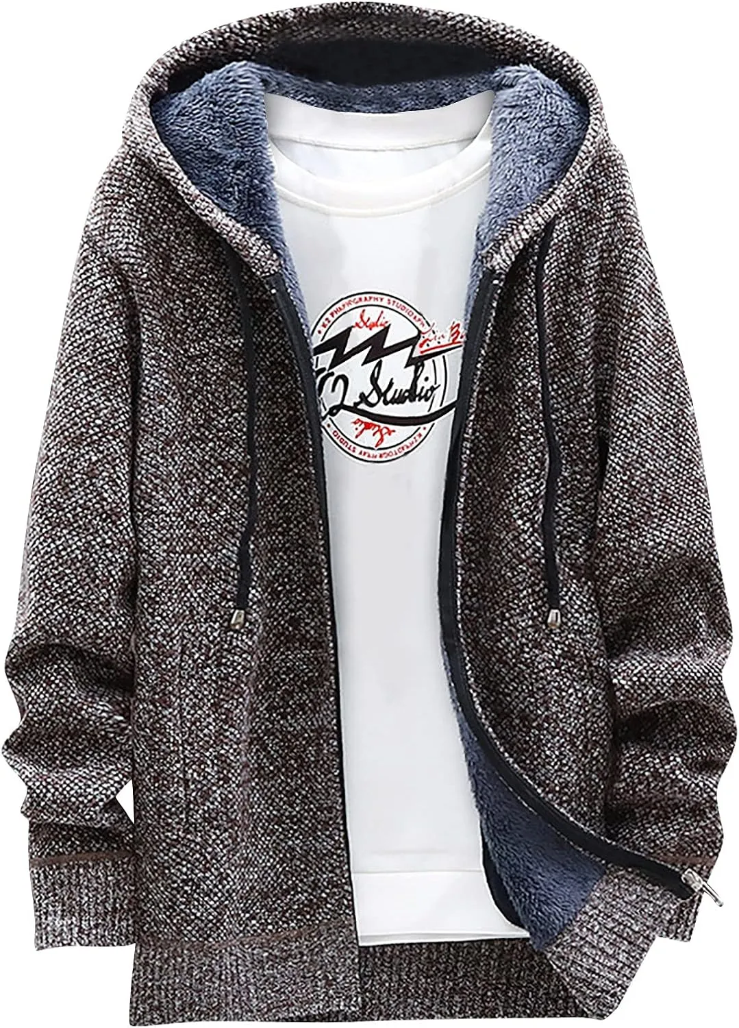 DuDubaby Fleece Lined Hoodie for Men Fall and Winter Casual Sweater Jacket Warm Knit Sweater Hooded Hoodie