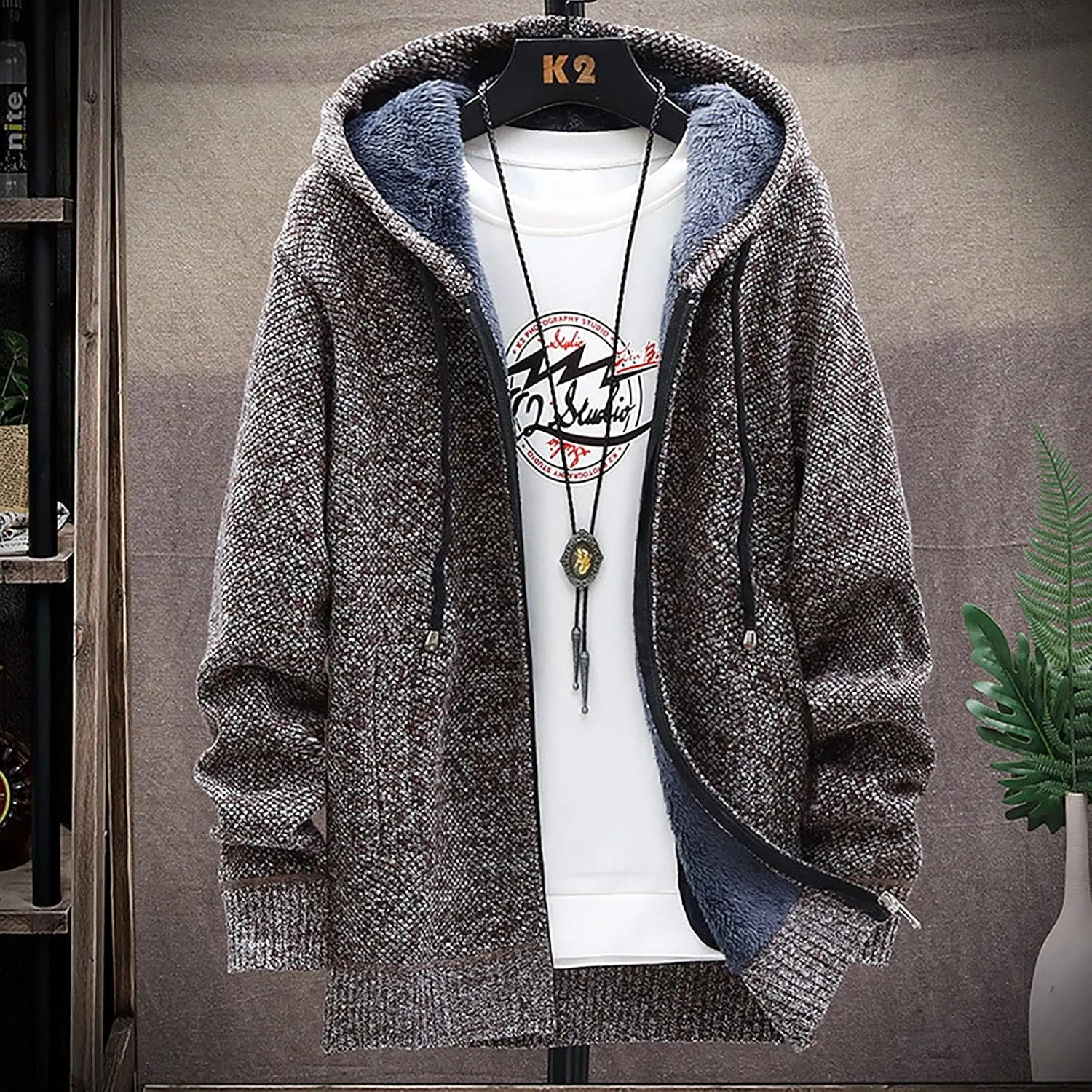 DuDubaby Fleece Lined Hoodie for Men Fall and Winter Casual Sweater Jacket Warm Knit Sweater Hooded Hoodie
