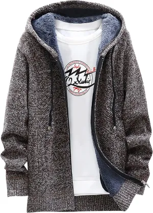 DuDubaby Fleece Lined Hoodie for Men Fall and Winter Casual Sweater Jacket Warm Knit Sweater Hooded Hoodie