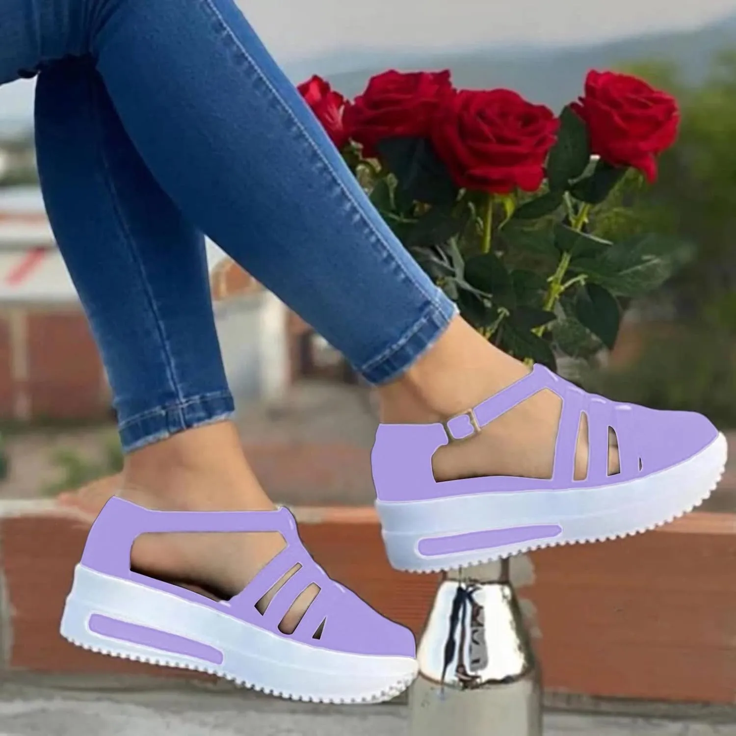 Eduavar Sandals for Women Casual Summer, Women Sandals Closed Toe Wedge Sandals Summer Casual Ankle Strap Buckle Sandals