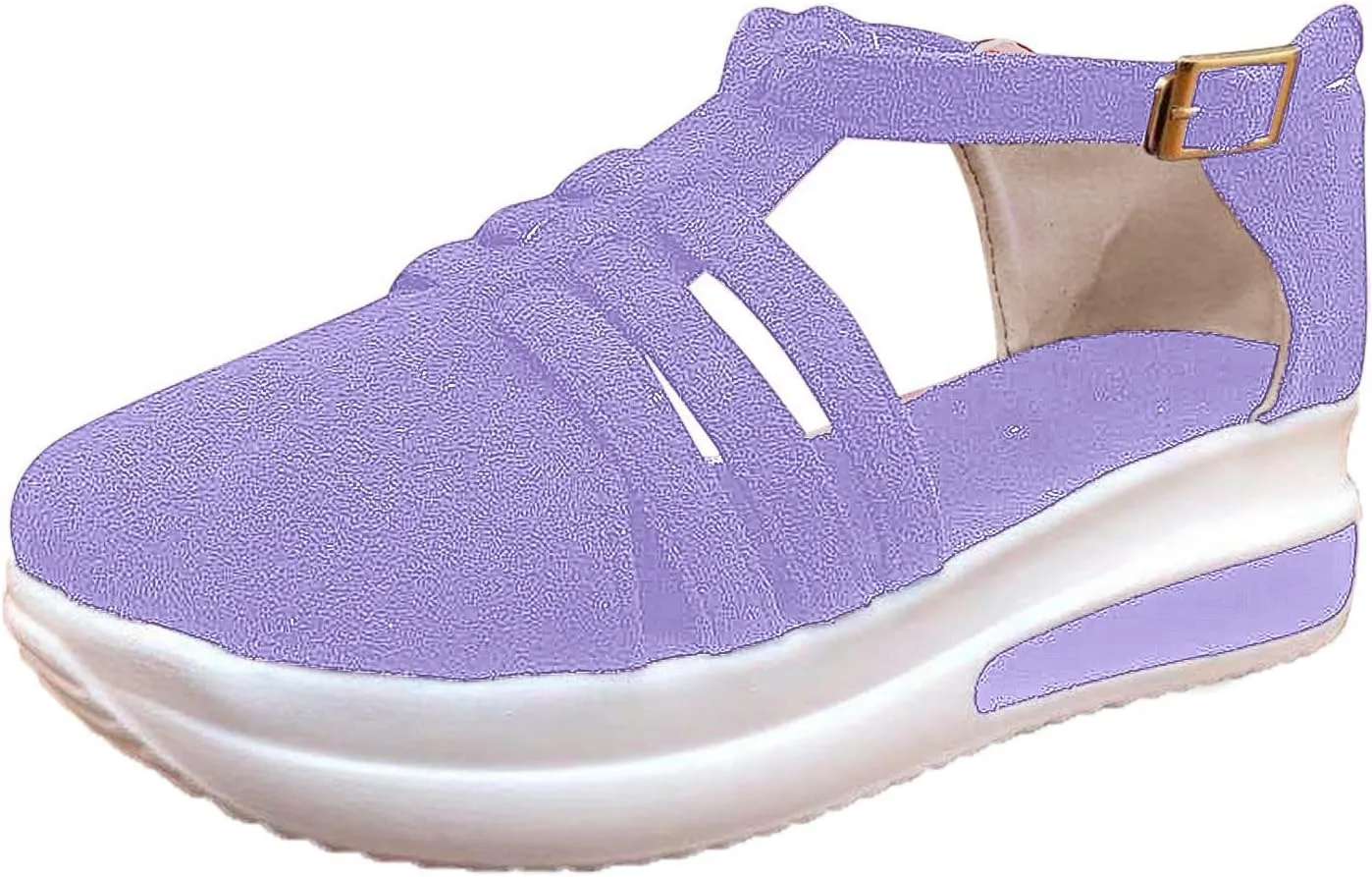 Eduavar Sandals for Women Casual Summer, Women Sandals Closed Toe Wedge Sandals Summer Casual Ankle Strap Buckle Sandals