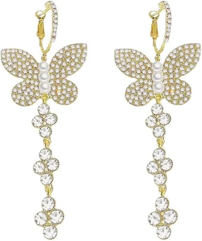 Elegant Crystal Butterfly Dangle Drop Hoop Earrings for Women Gold Plated Huggie Pearl Sparkling Cubic Zirconia Design Charm Long Dangling Statement Earring Hypoallergenic Trendy Jewelry Wedding