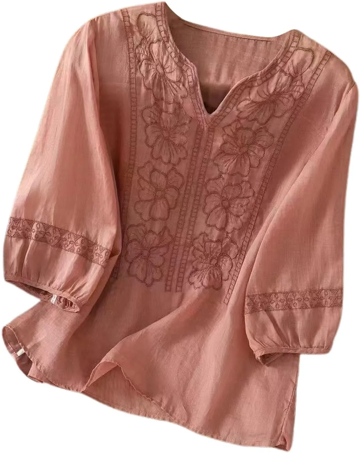 Embroidered Floral Boho Ethnic Tee Cotton Linen Tshirt Women 3/4 Sleeve V Neck Button Flowy Soft Loose Tops