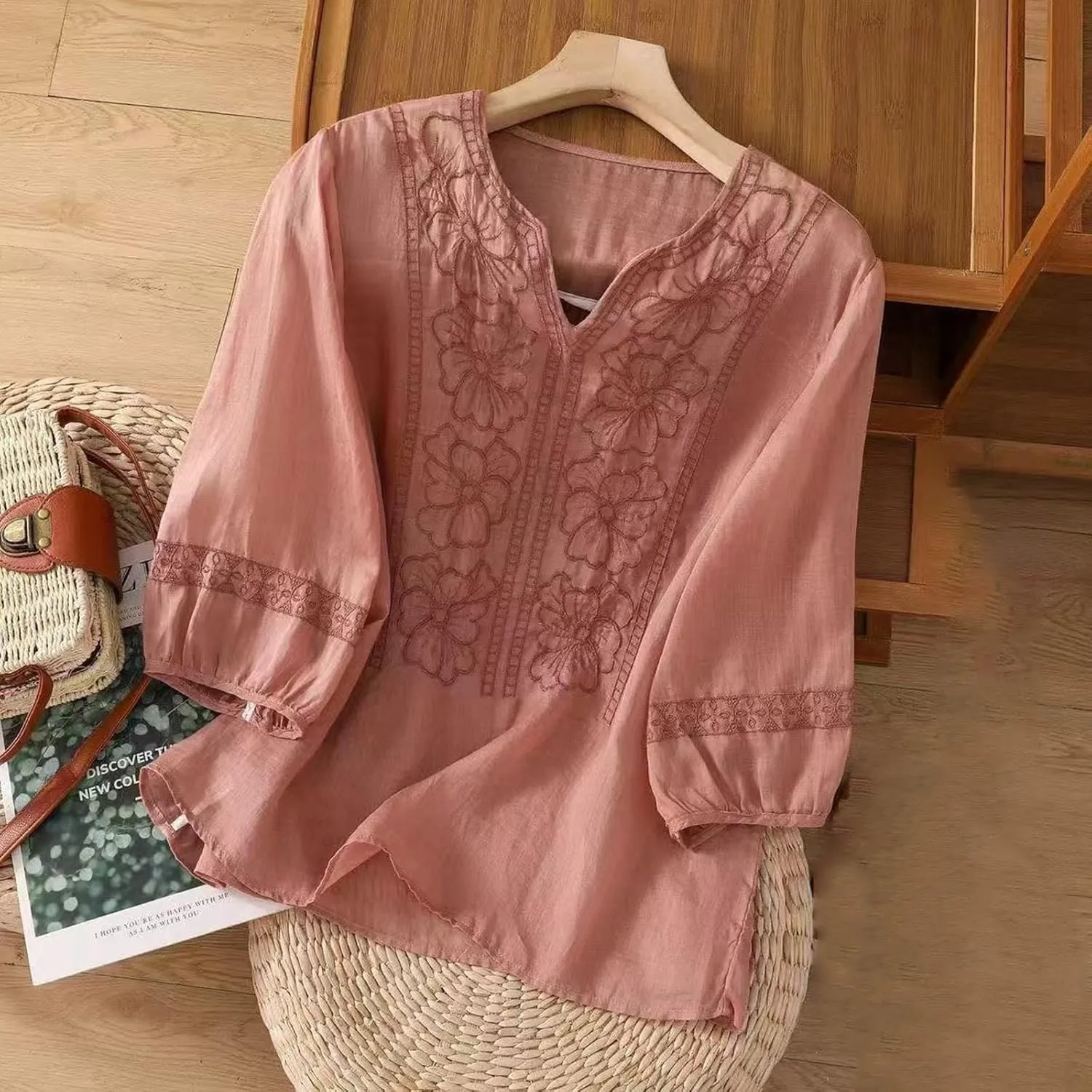 Embroidered Floral Boho Ethnic Tee Cotton Linen Tshirt Women 3/4 Sleeve V Neck Button Flowy Soft Loose Tops