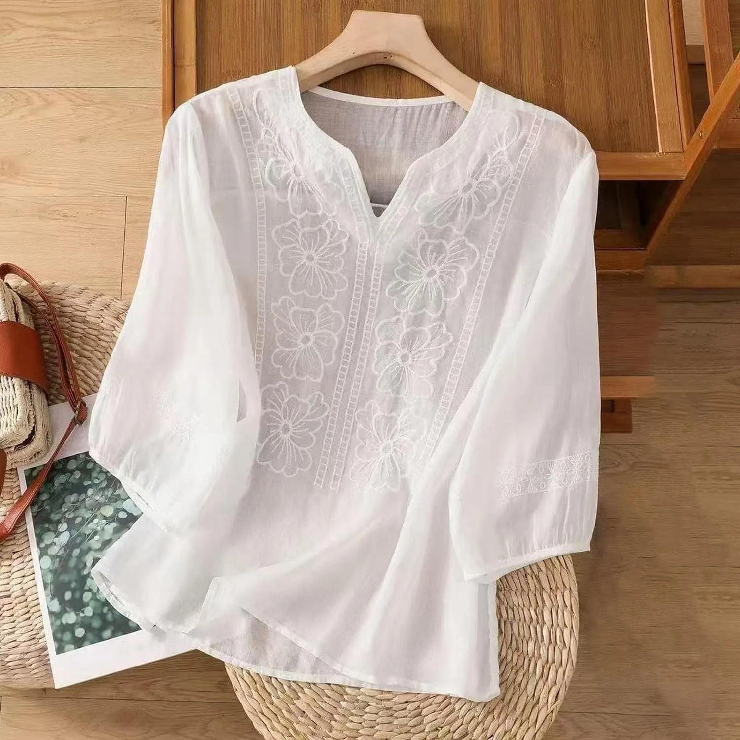Embroidered Floral Boho Ethnic Tee Cotton Linen Tshirt Women 3/4 Sleeve V Neck Button Flowy Soft Loose Tops