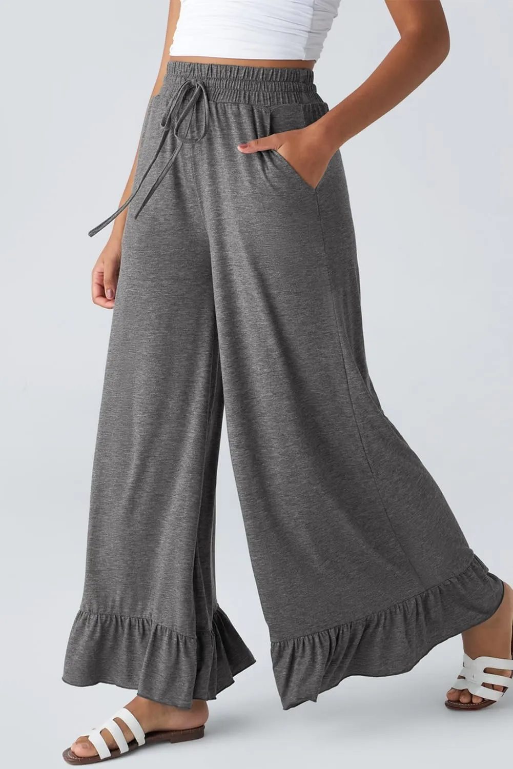 EVALESS Elastic High Waisted Wide Leg Pants Ruffle Hem Trousers with Pocket Womens Flowy Palazzo Pant