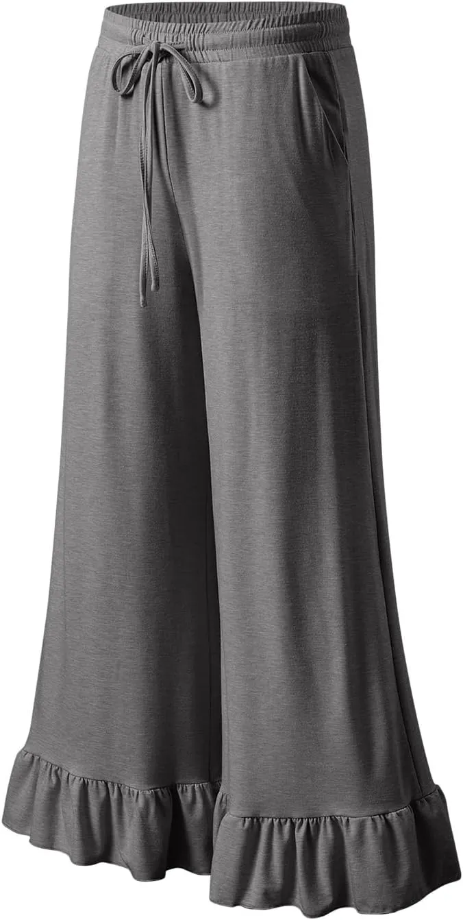 EVALESS Elastic High Waisted Wide Leg Pants Ruffle Hem Trousers with Pocket Womens Flowy Palazzo Pant