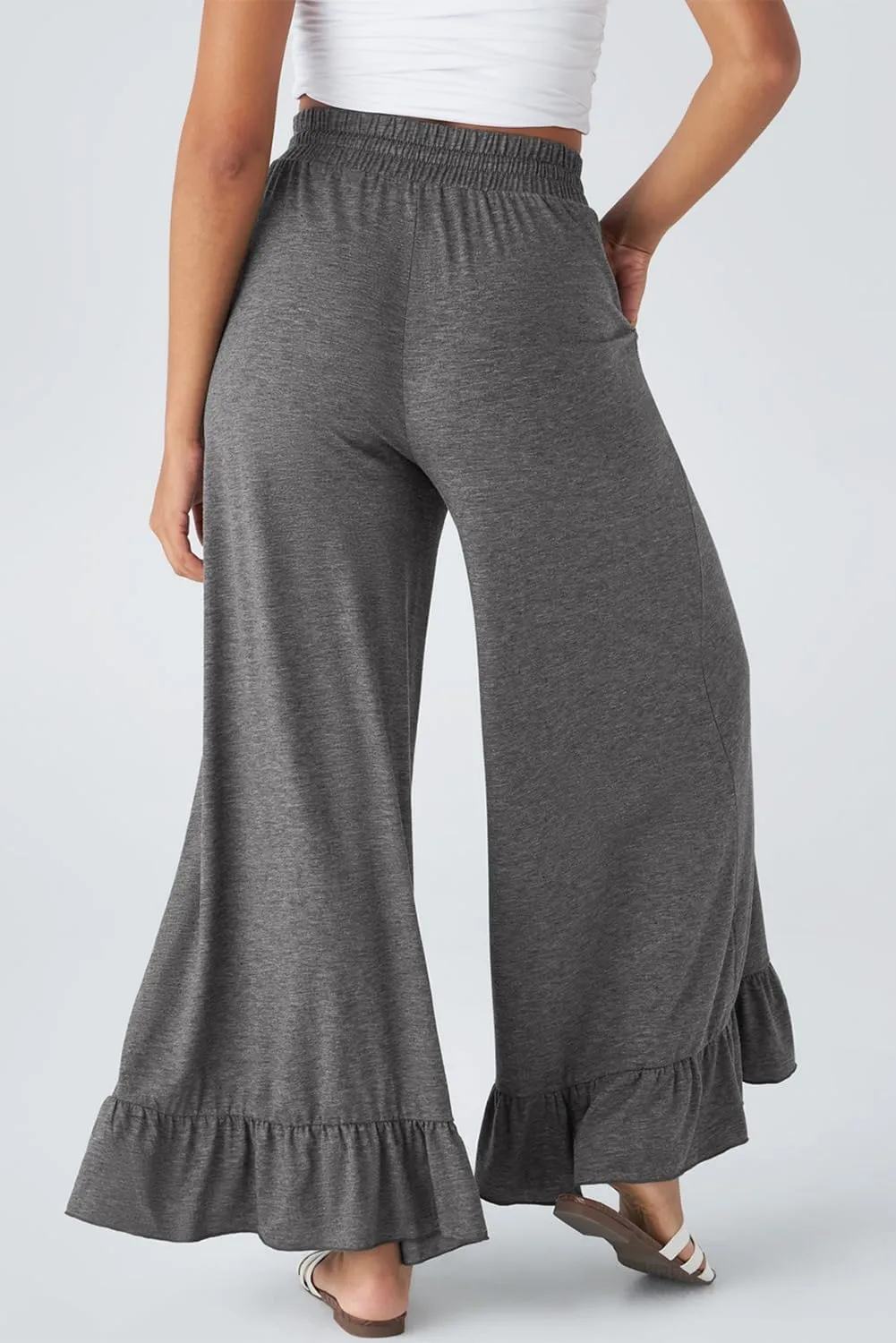 EVALESS Elastic High Waisted Wide Leg Pants Ruffle Hem Trousers with Pocket Womens Flowy Palazzo Pant