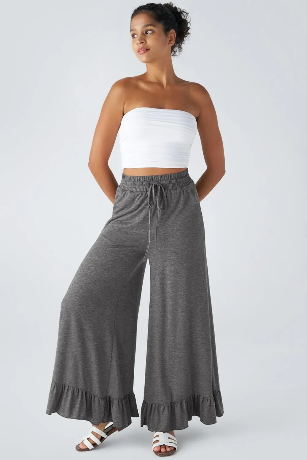 EVALESS Elastic High Waisted Wide Leg Pants Ruffle Hem Trousers with Pocket Womens Flowy Palazzo Pant