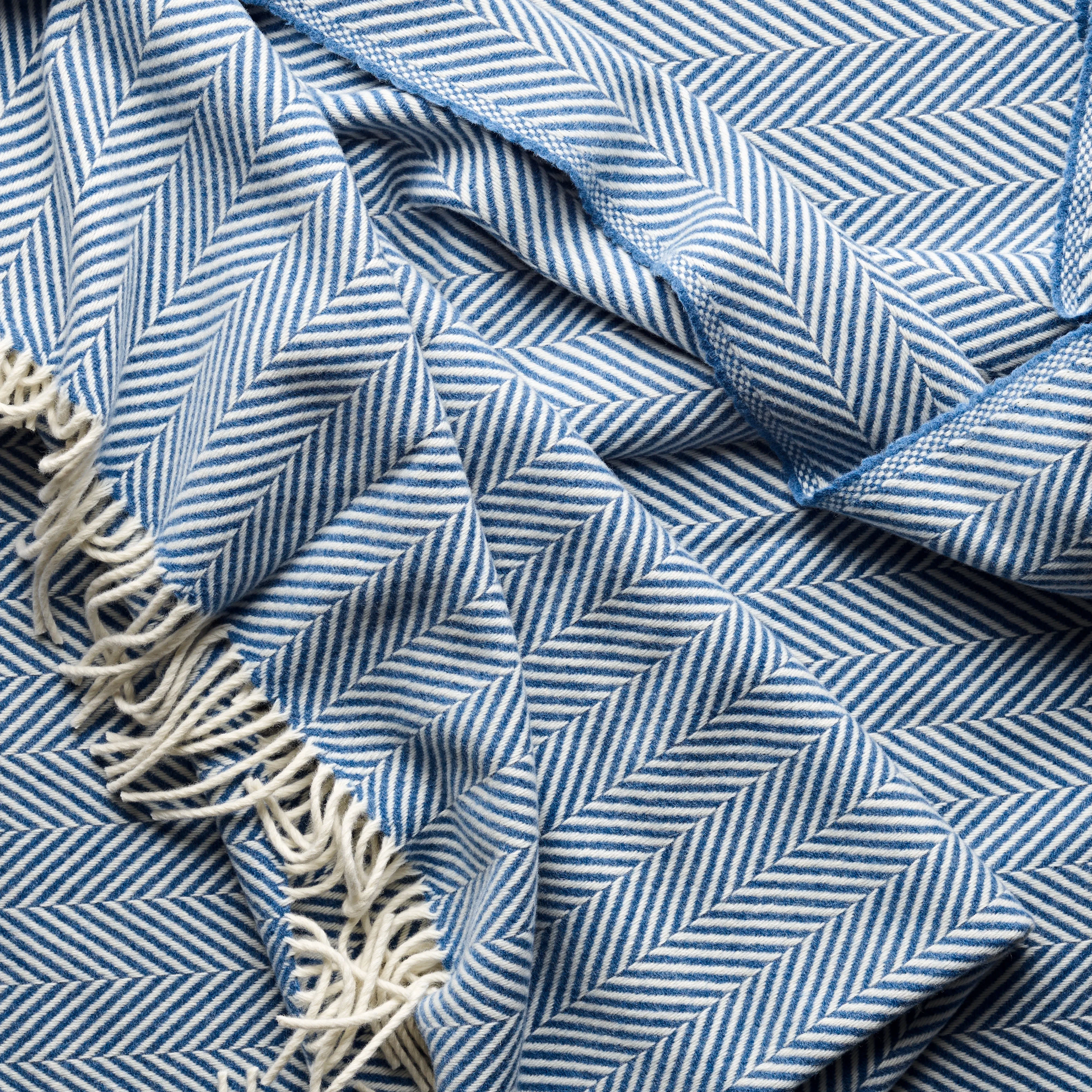 Fine Merino Herringbone Blanket in Azure