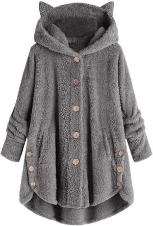 Fleece Hooded Jacket Women,2023 Winter Warm Fuzzy Cute cat Ear Hoodies Sweatshirt Oversized Coat with Pockets