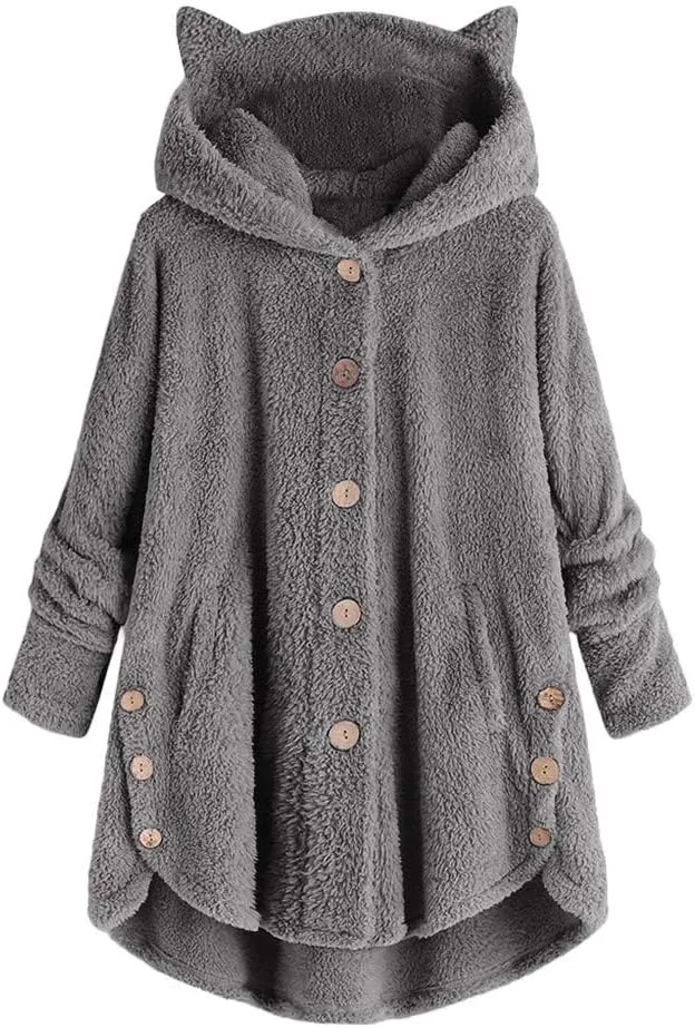 Fleece Hooded Jacket Women,2023 Winter Warm Fuzzy Cute cat Ear Hoodies Sweatshirt Oversized Coat with Pockets