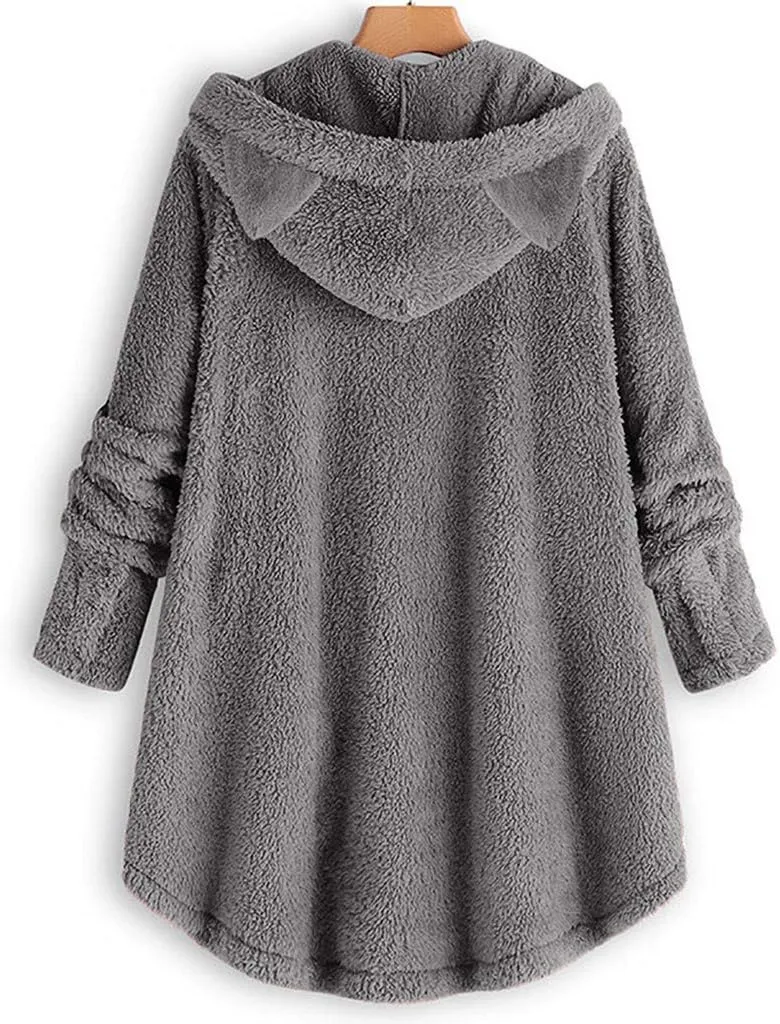 Fleece Hooded Jacket Women,2023 Winter Warm Fuzzy Cute cat Ear Hoodies Sweatshirt Oversized Coat with Pockets