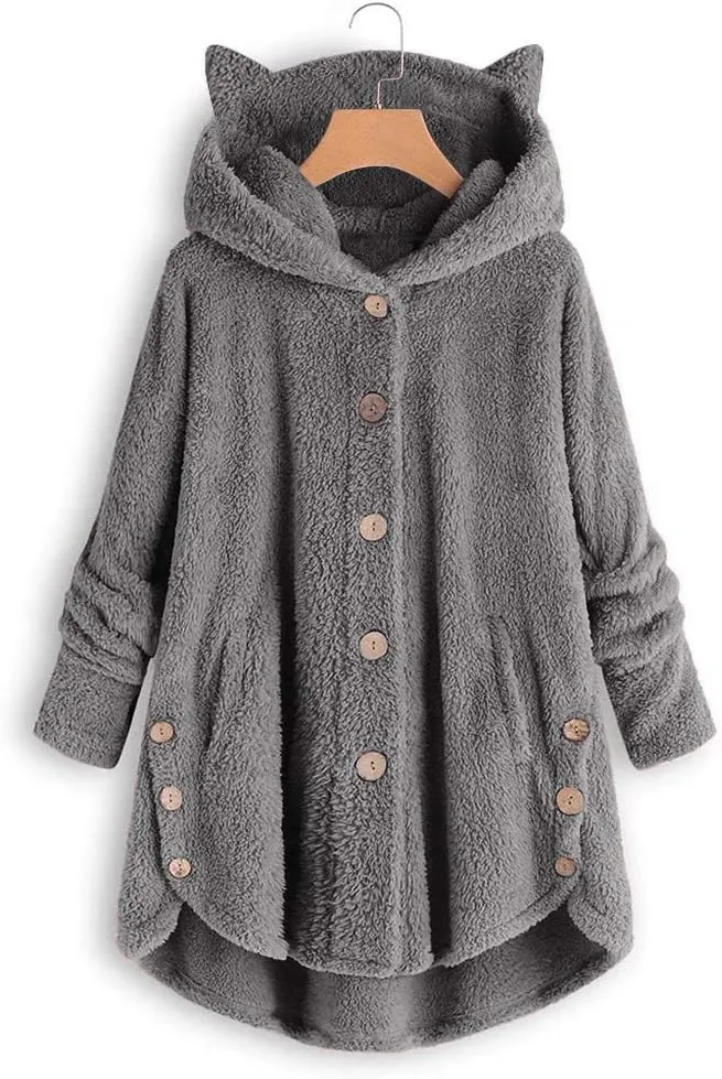 Fleece Hooded Jacket Women,2023 Winter Warm Fuzzy Cute cat Ear Hoodies Sweatshirt Oversized Coat with Pockets