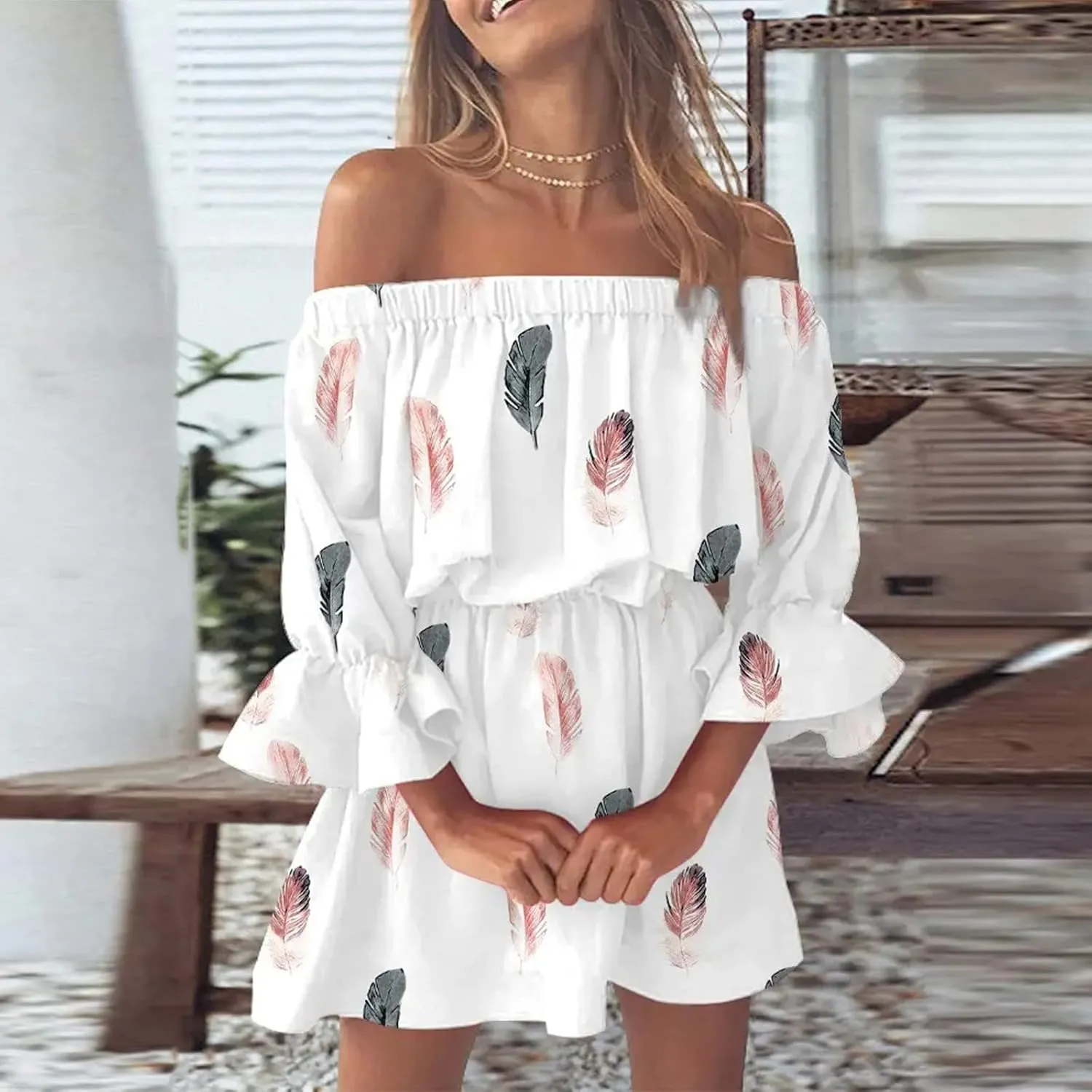 Floral Boho Mini Dresses for Women Sexy Off Shoulder Ruffle Short Dress 2025 Summer Corset Beach Sundresses