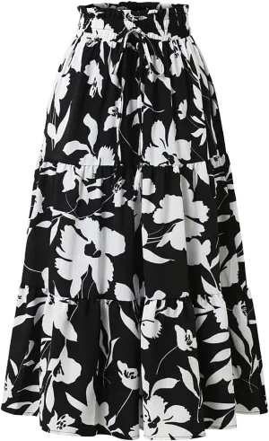 Floral Maxi Skirt for Women Summer Comfy Tiered Elastic High Waisted Skirts Vacation A-Line Flowy Swing Long Skirts
