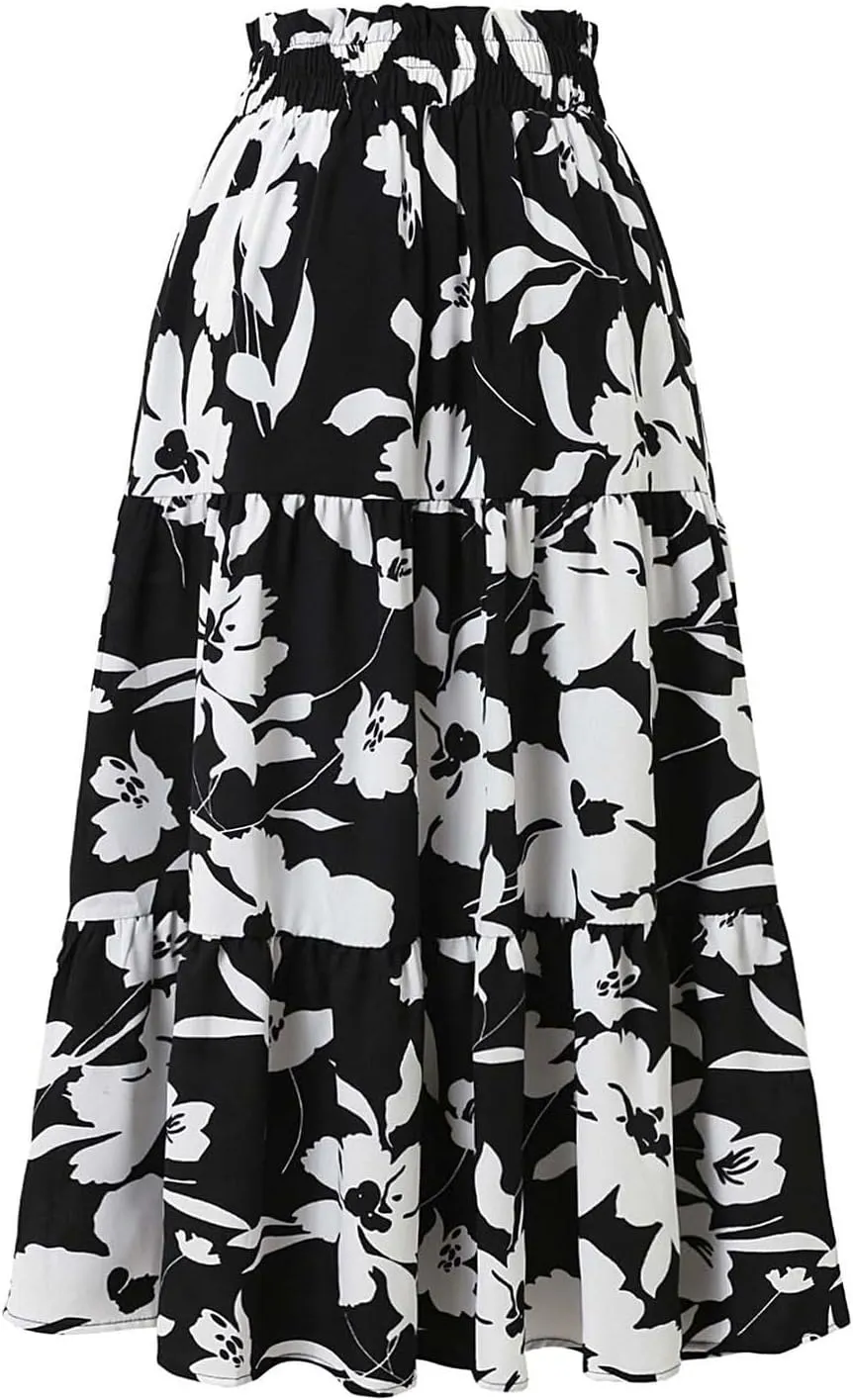Floral Maxi Skirt for Women Summer Comfy Tiered Elastic High Waisted Skirts Vacation A-Line Flowy Swing Long Skirts