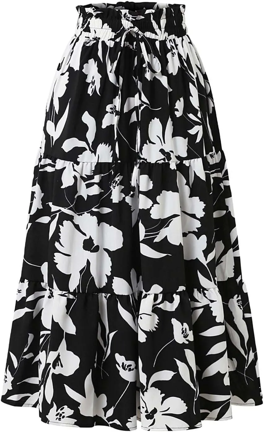 Floral Maxi Skirt for Women Summer Comfy Tiered Elastic High Waisted Skirts Vacation A-Line Flowy Swing Long Skirts