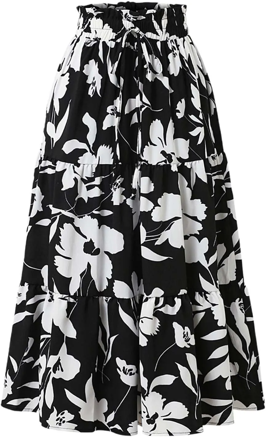 Floral Maxi Skirt for Women Summer Comfy Tiered Elastic High Waisted Skirts Vacation A-Line Flowy Swing Long Skirts