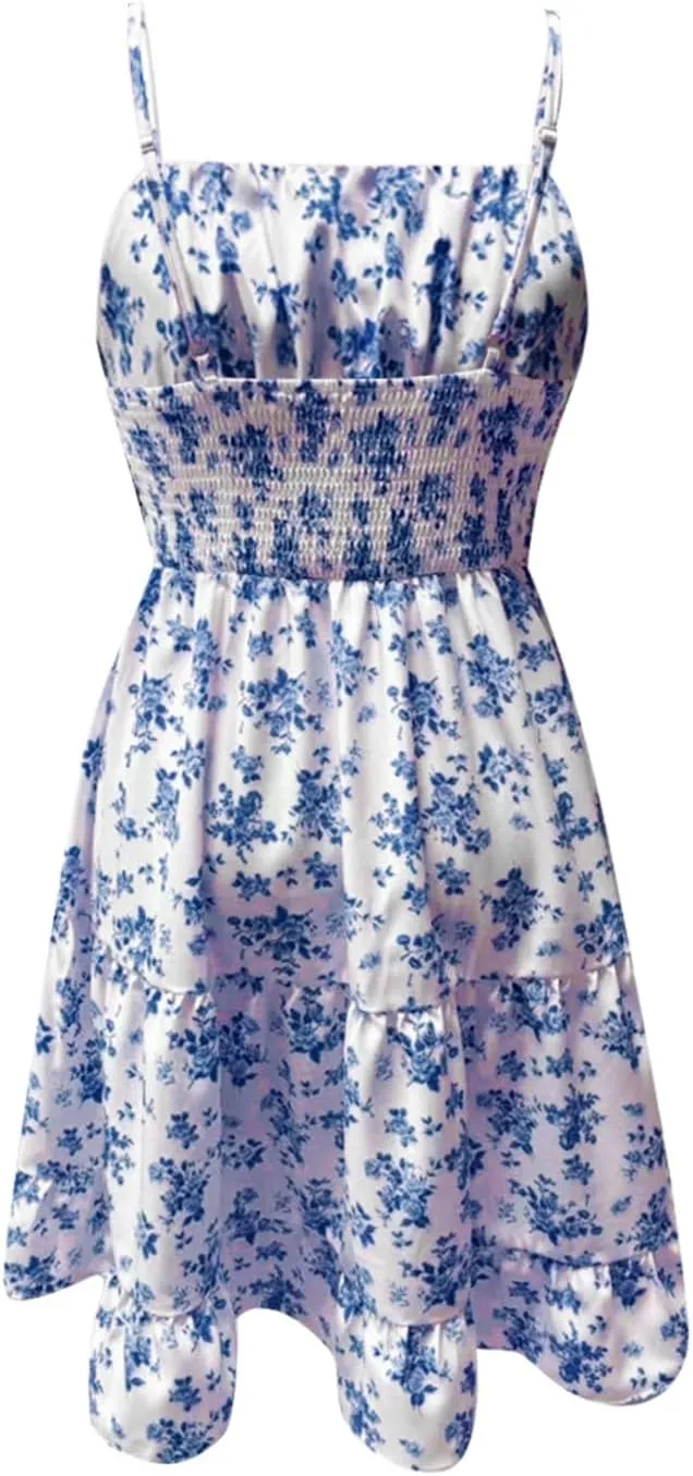Floral Midi Dress for Women Boho Summer Sleeveless Flowy Beach Sundress Bohemian Cute Spaghetti Strap Vacation Dress