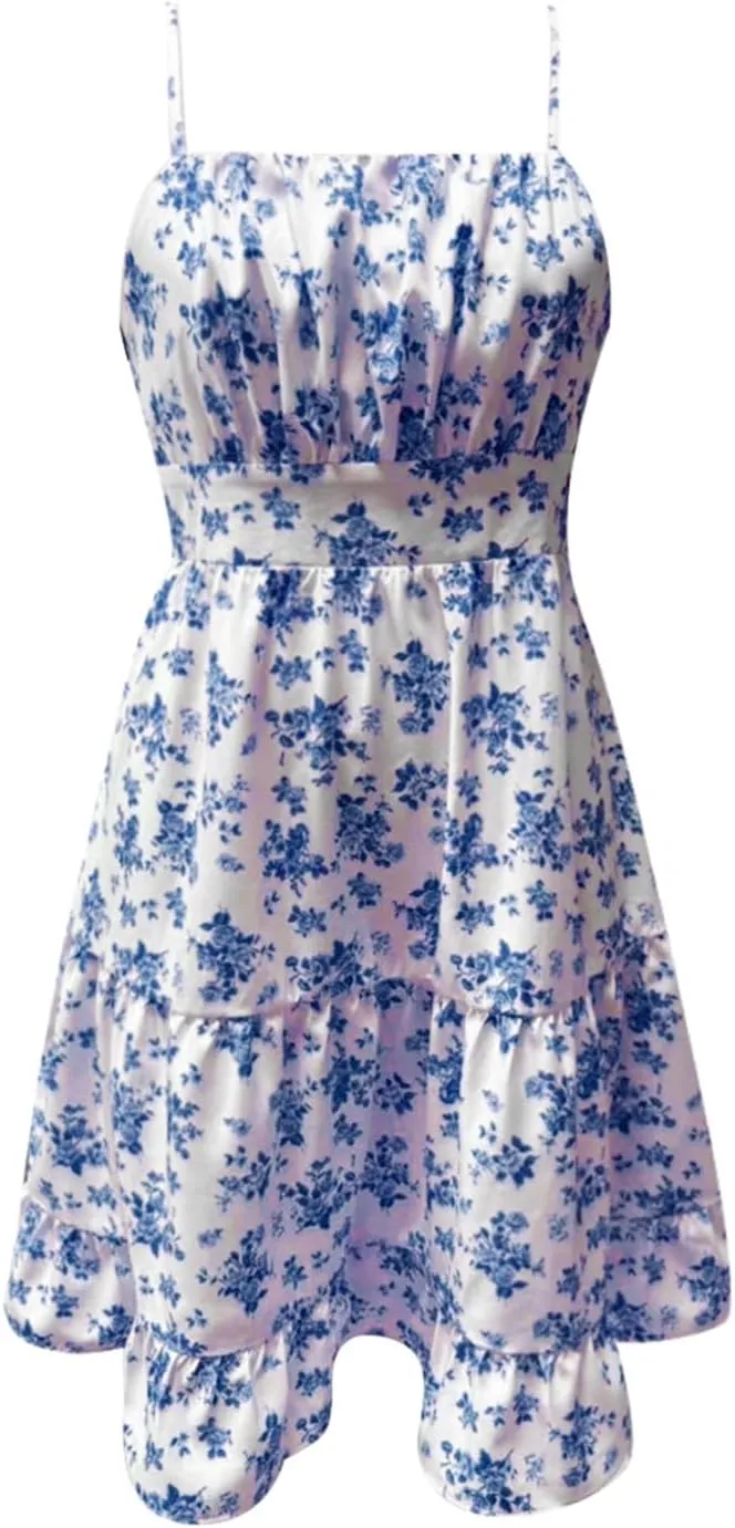 Floral Midi Dress for Women Boho Summer Sleeveless Flowy Beach Sundress Bohemian Cute Spaghetti Strap Vacation Dress