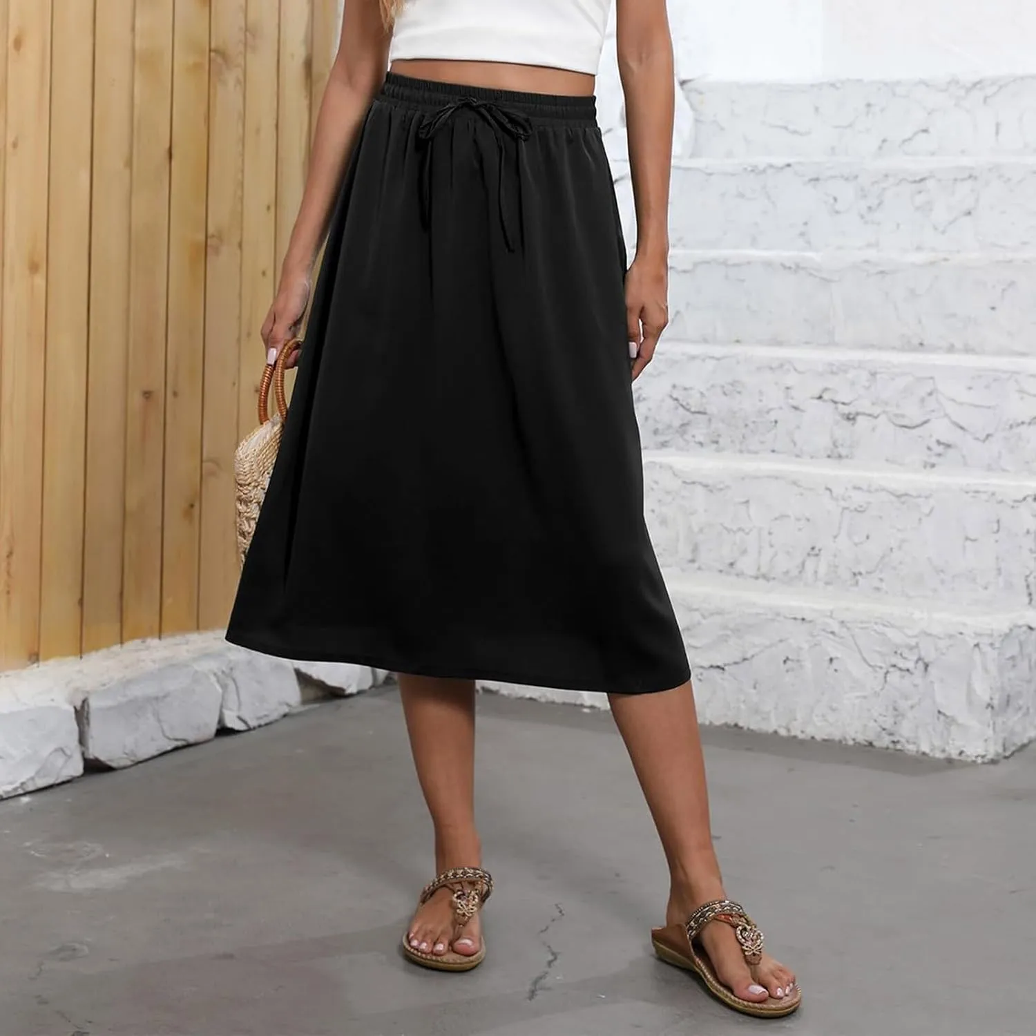Floral Midi Skirt Women Flowy Elastic High Waisted Ladies Drawstring Dressy Casual Beach Boho Skirt 2025