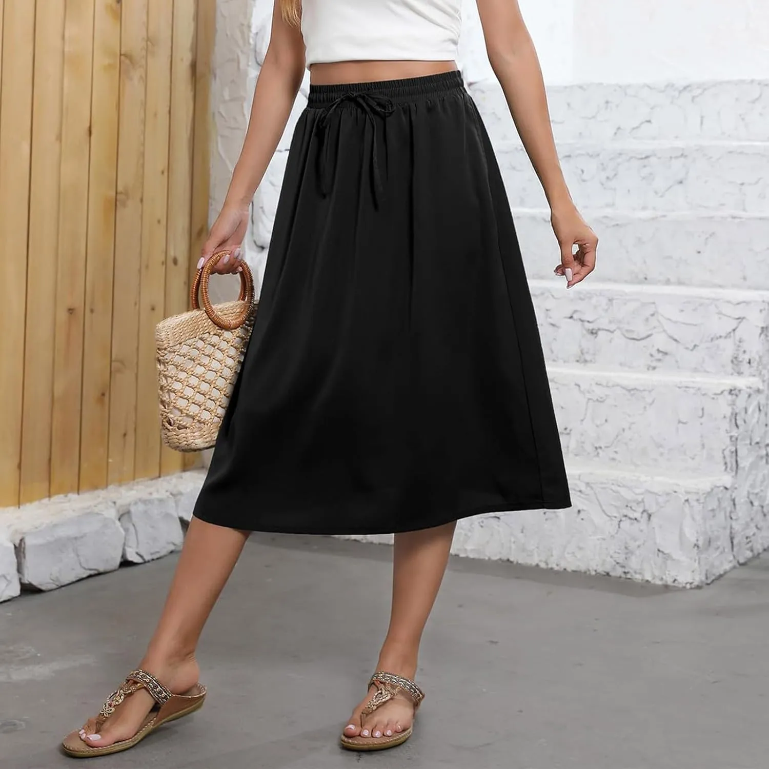 Floral Midi Skirt Women Flowy Elastic High Waisted Ladies Drawstring Dressy Casual Beach Boho Skirt 2025