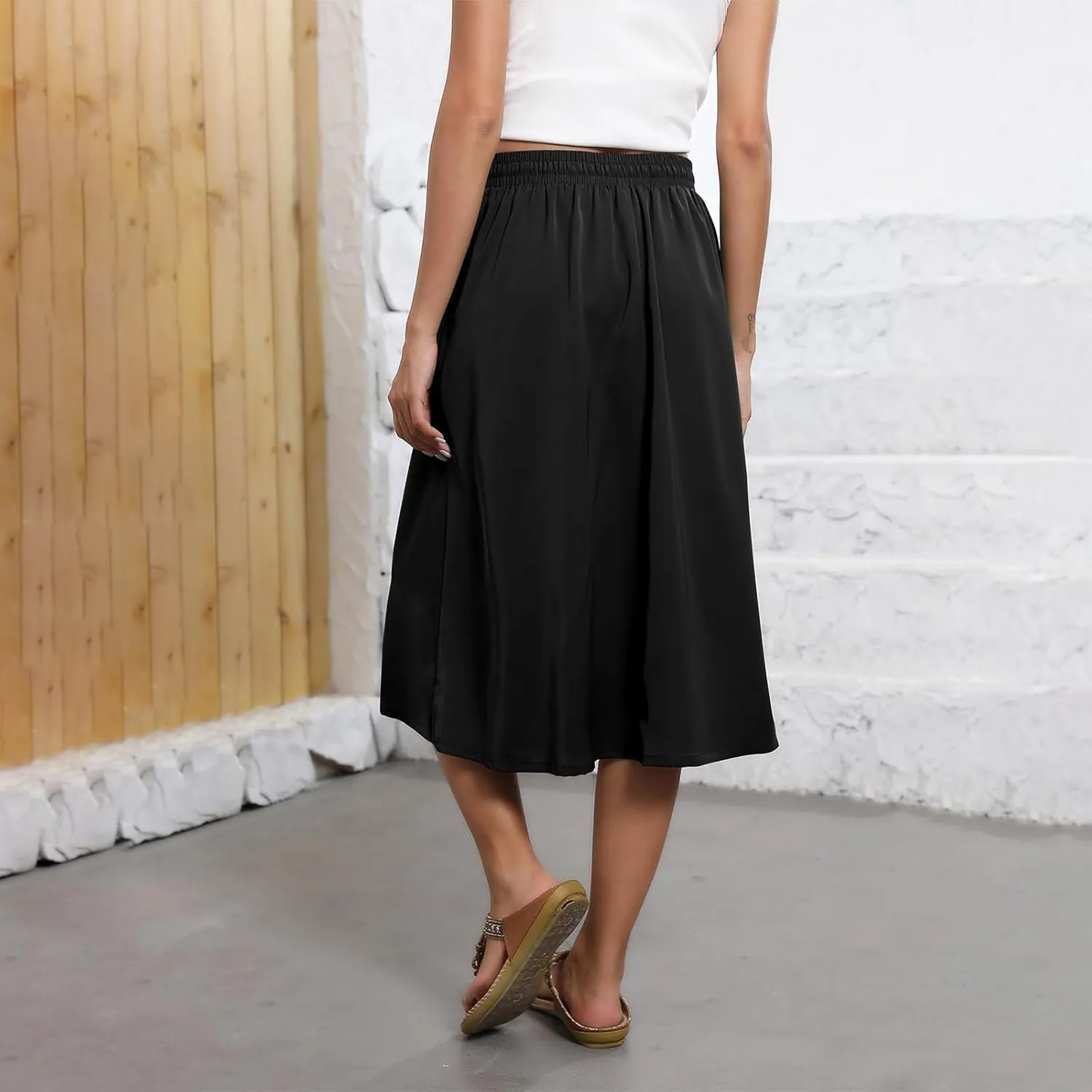 Floral Midi Skirt Women Flowy Elastic High Waisted Ladies Drawstring Dressy Casual Beach Boho Skirt 2025