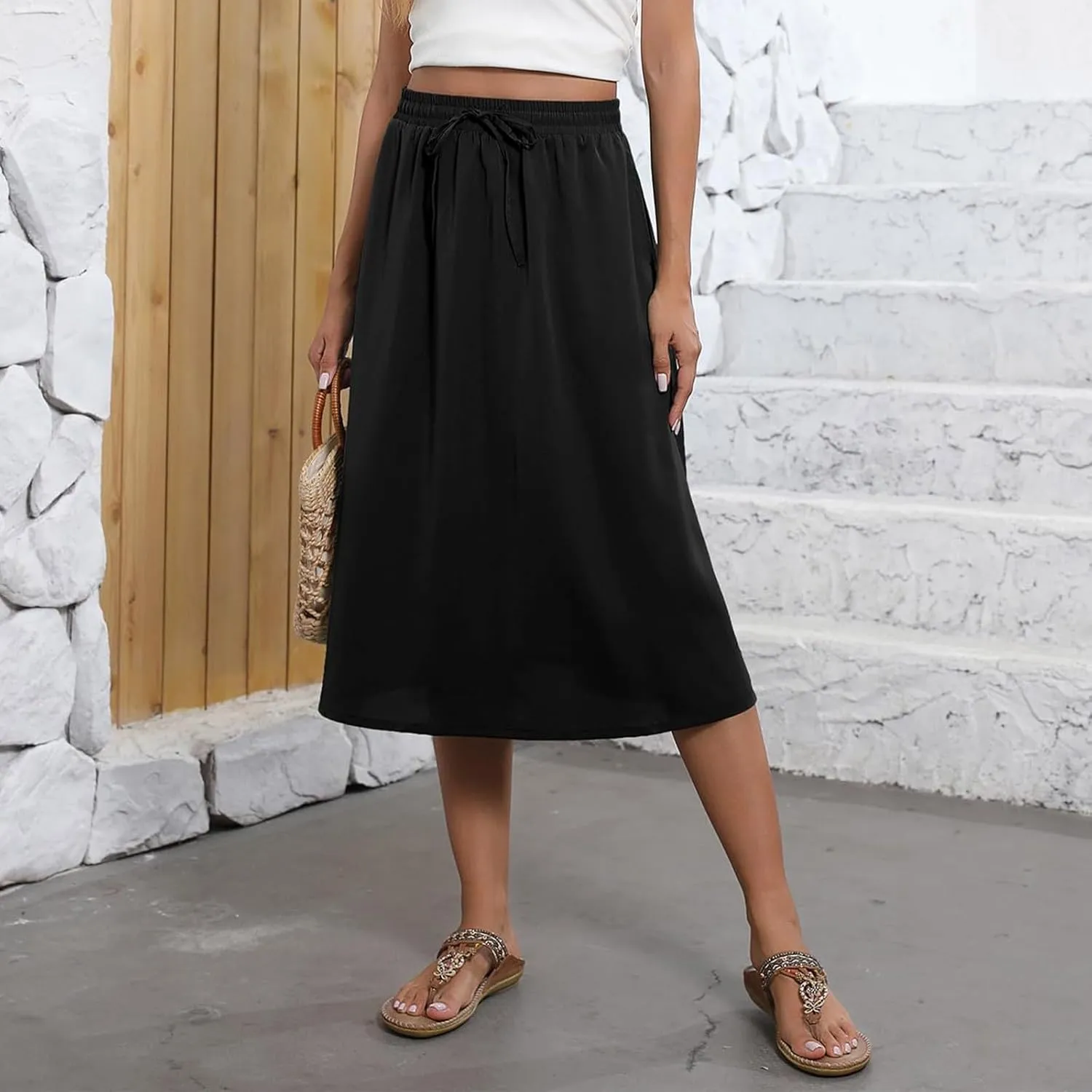 Floral Midi Skirt Women Flowy Elastic High Waisted Ladies Drawstring Dressy Casual Beach Boho Skirt 2025