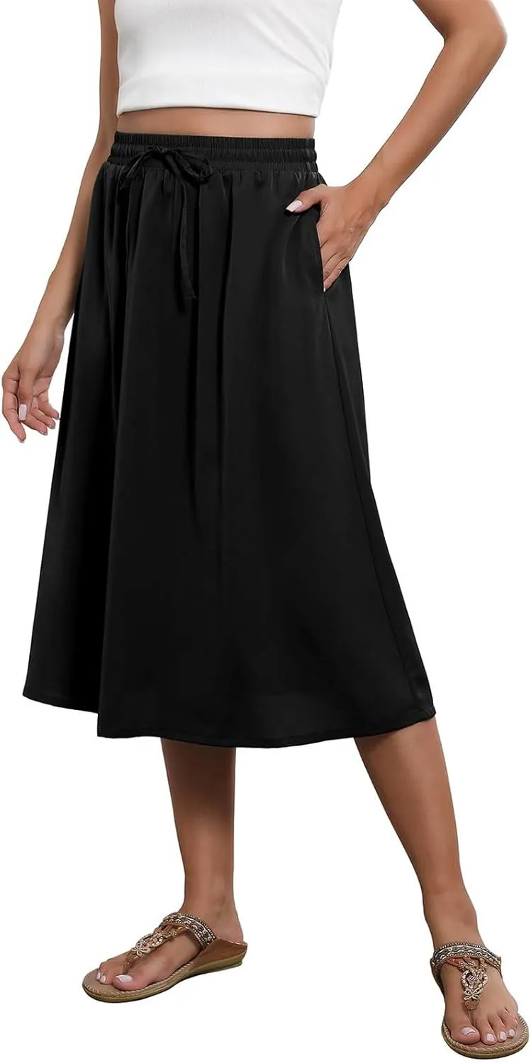 Floral Midi Skirt Women Flowy Elastic High Waisted Ladies Drawstring Dressy Casual Beach Boho Skirt 2025
