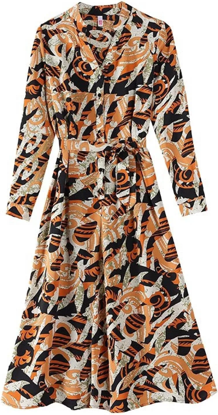 Floral Print Swing Mini Dress, Chiffon Ruffle, Shirt Dress, Orange, XXXXL,Beach Maxi Long Dress