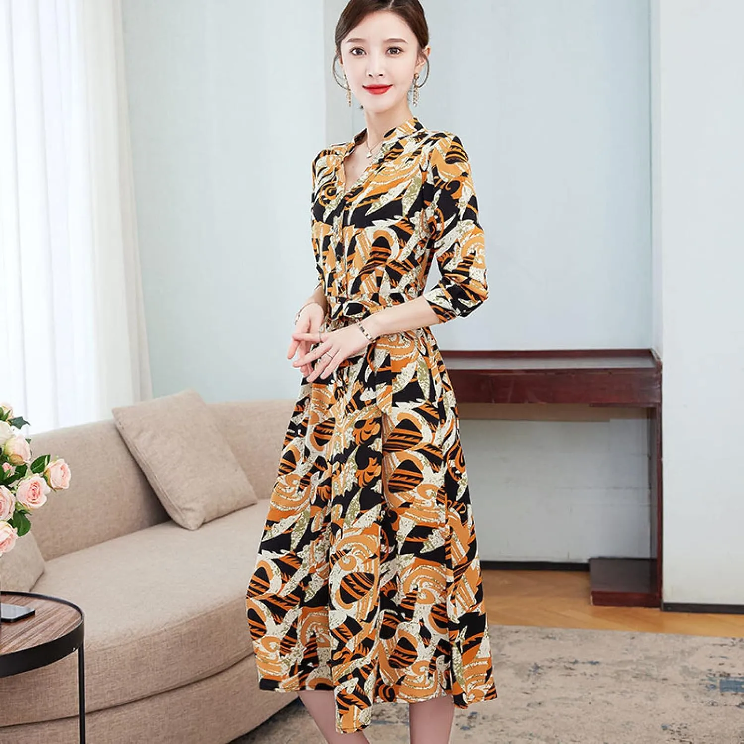 Floral Print Swing Mini Dress, Chiffon Ruffle, Shirt Dress, Orange, XXXXL,Beach Maxi Long Dress