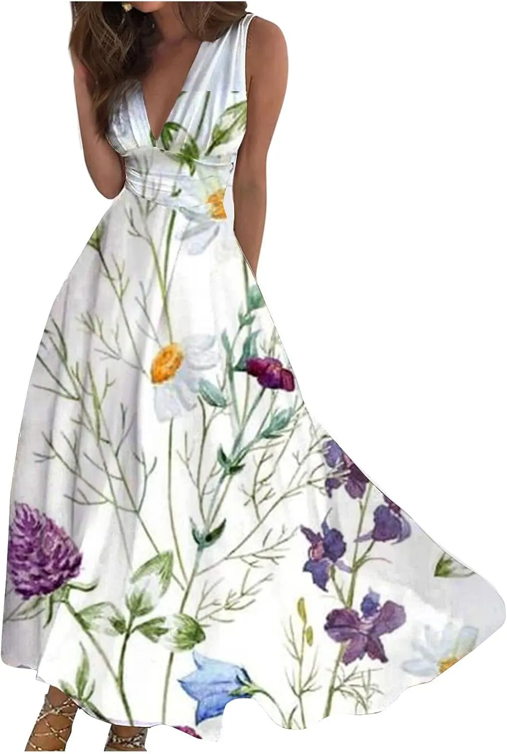 Flowy Dresses for Women Deep V Neck Casual Floral Long Dress Sleeveless Swing Cute Dresses Sexy Maxi Elegant Dress