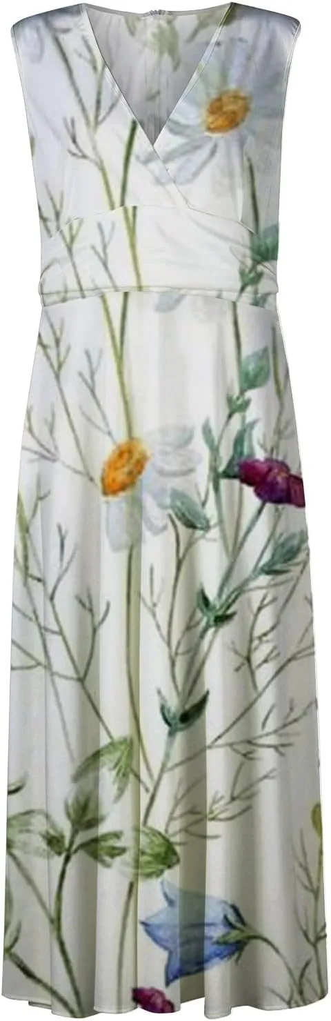Flowy Dresses for Women Deep V Neck Casual Floral Long Dress Sleeveless Swing Cute Dresses Sexy Maxi Elegant Dress