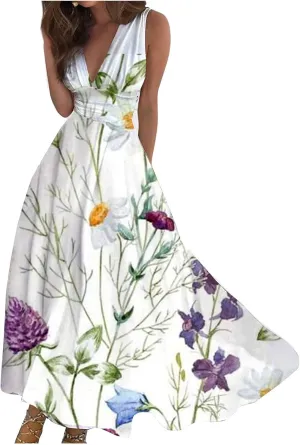 Flowy Dresses for Women Deep V Neck Casual Floral Long Dress Sleeveless Swing Cute Dresses Sexy Maxi Elegant Dress