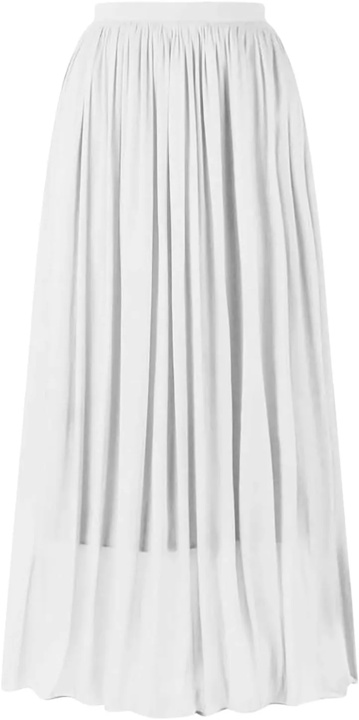 Flowy Midi Skirts for Women 2025 Summer Lightweight Elastic Waisted Swing A-Line Pleated Skirt